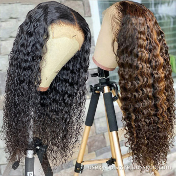 Natrual Black Blonde Highlights Wig Mix Color Deep Wave Curly Pre Plucked HD Transparent Lace Front Raw Virgin Human Hair Wigs
